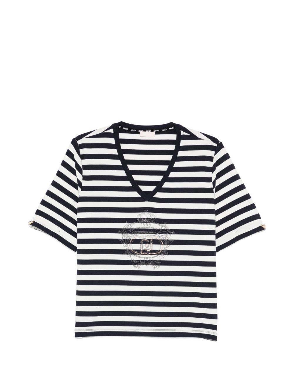 LIUJO T-shirt bianca a righe blu con scollo a V 