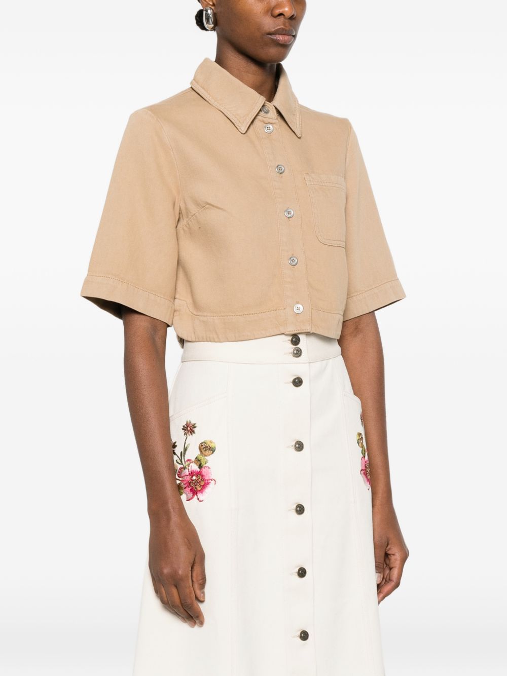 LIUJO Camicia corta in cotone beige a maniche corte 