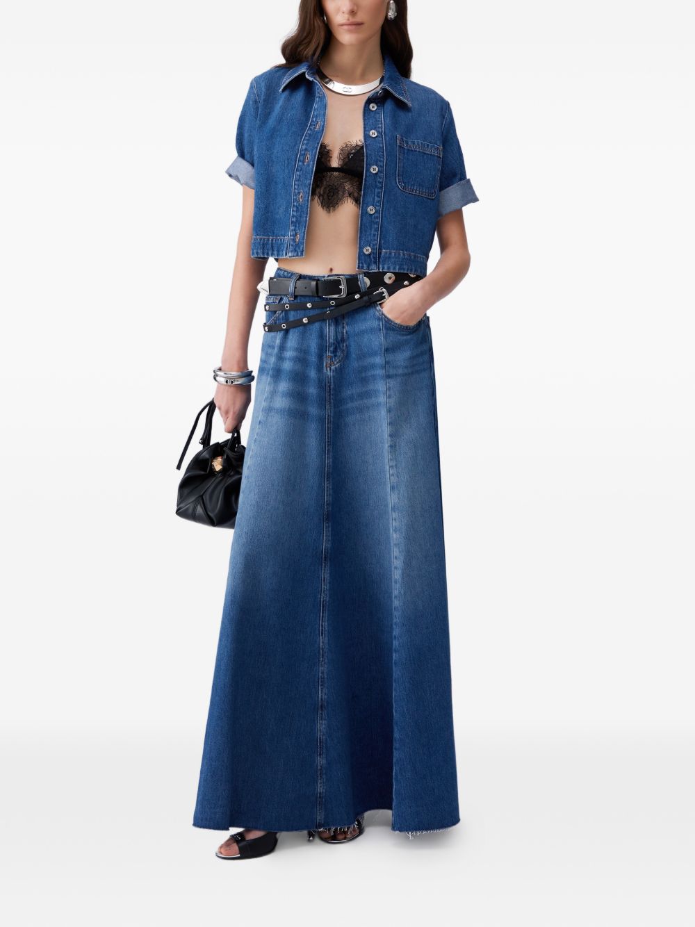 LIUJO Camicia corta in denim blu con maniche over 3/4 