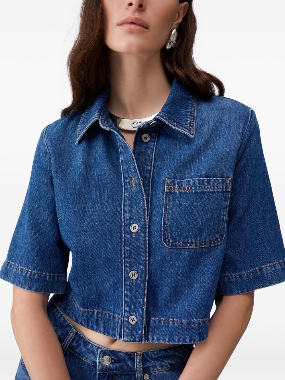 LIUJO Camicia corta in denim blu con maniche over 3/4 
