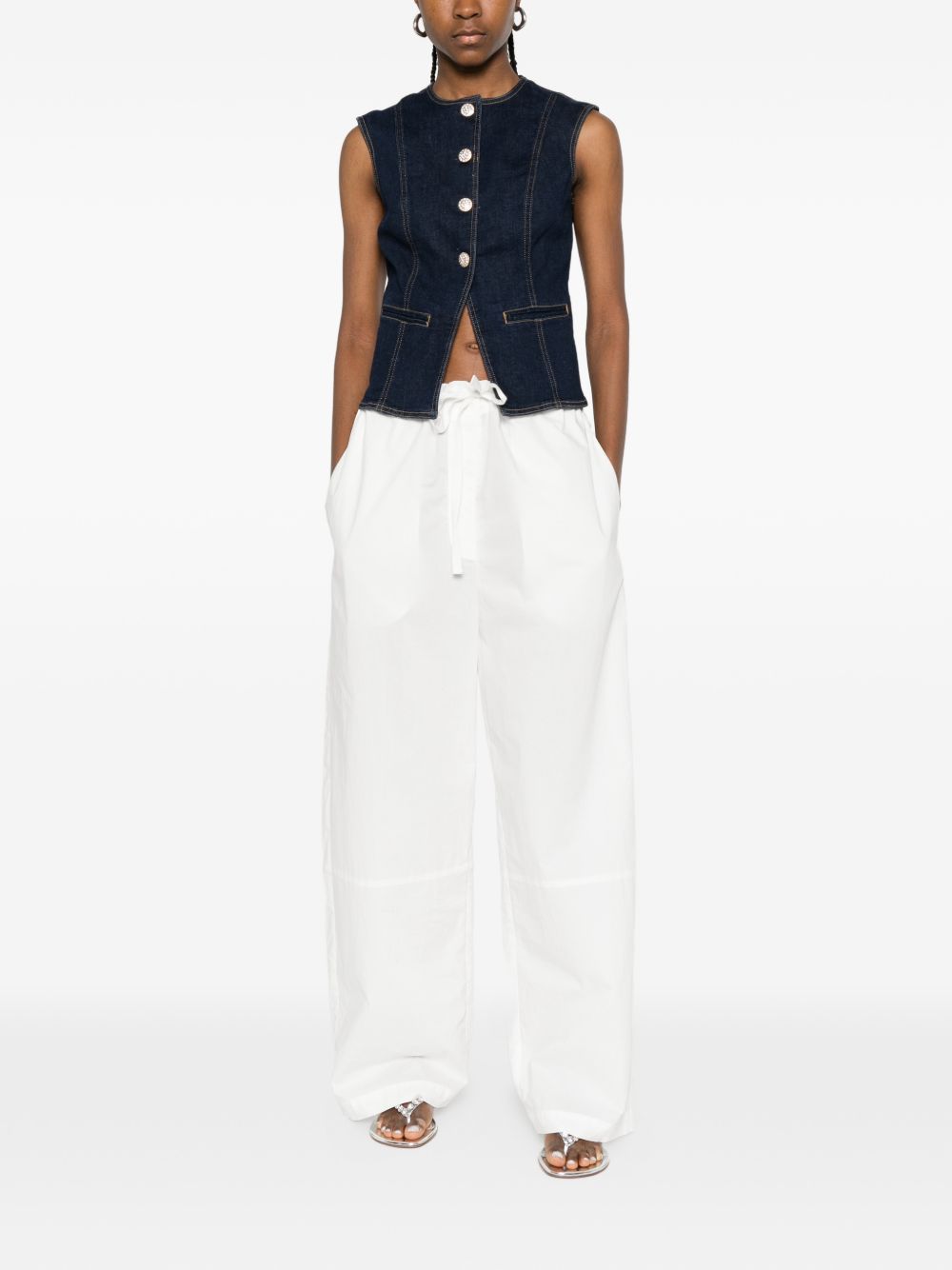 LIUJO Gilet nero di jeans con rifiniture in cuciture bianche 