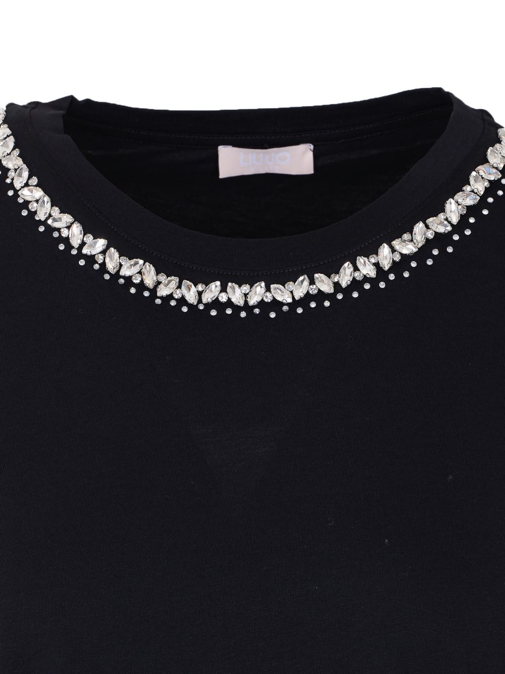 LIUJO T-shirt a maniche corte in cotone nero con decorazione girocollo 