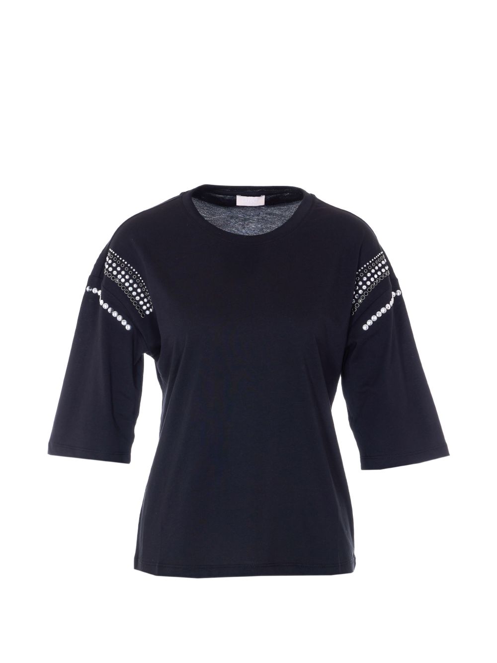 LIUJO T-shirt in cotone nero a maniche corte con decorazioni sulle maniche 