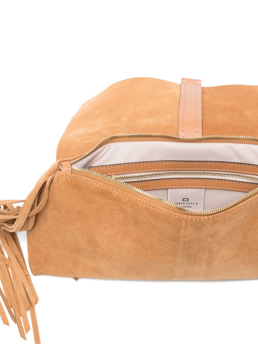 LORISTELLA Borsa Kendal color cammello in suede con frange 