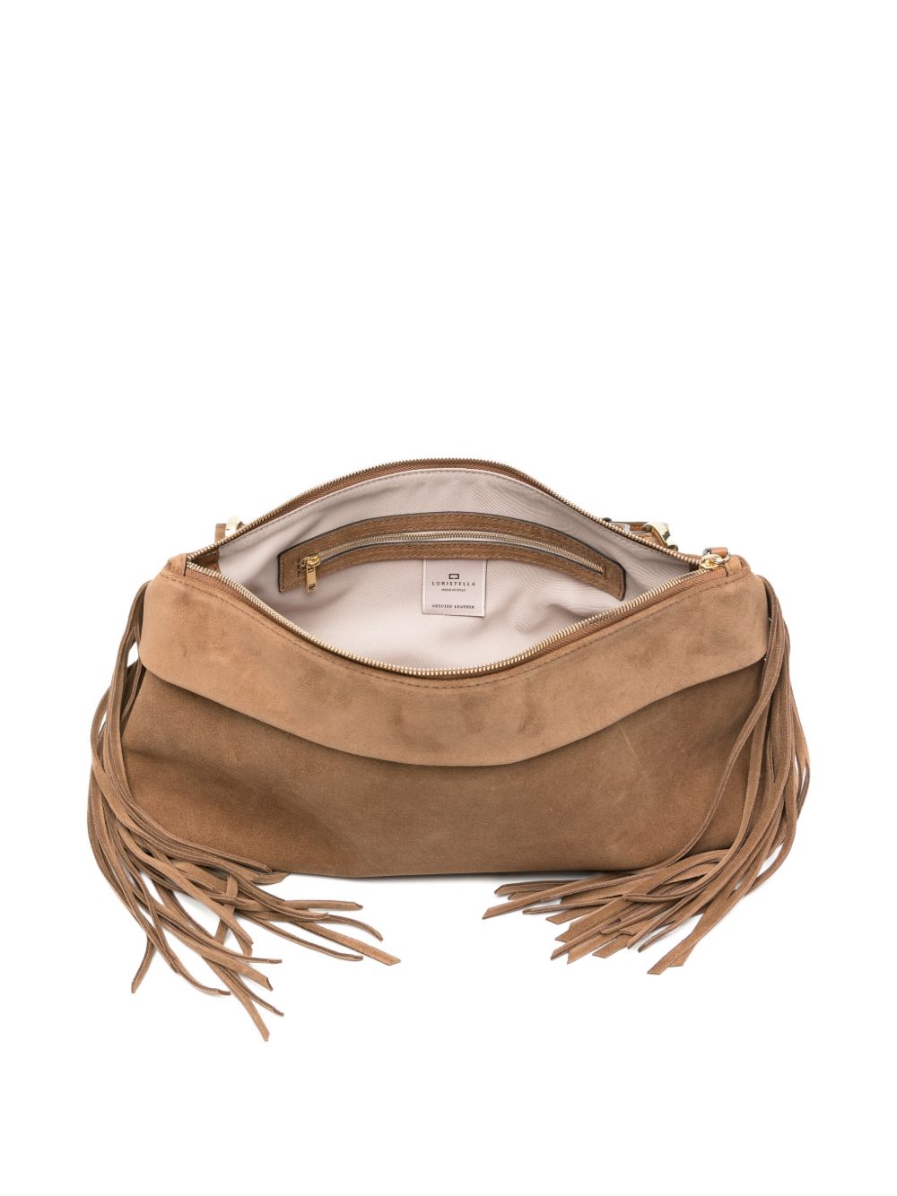 LORISTELLA Borsa Isotta in suede marrone con dettagli in frange 