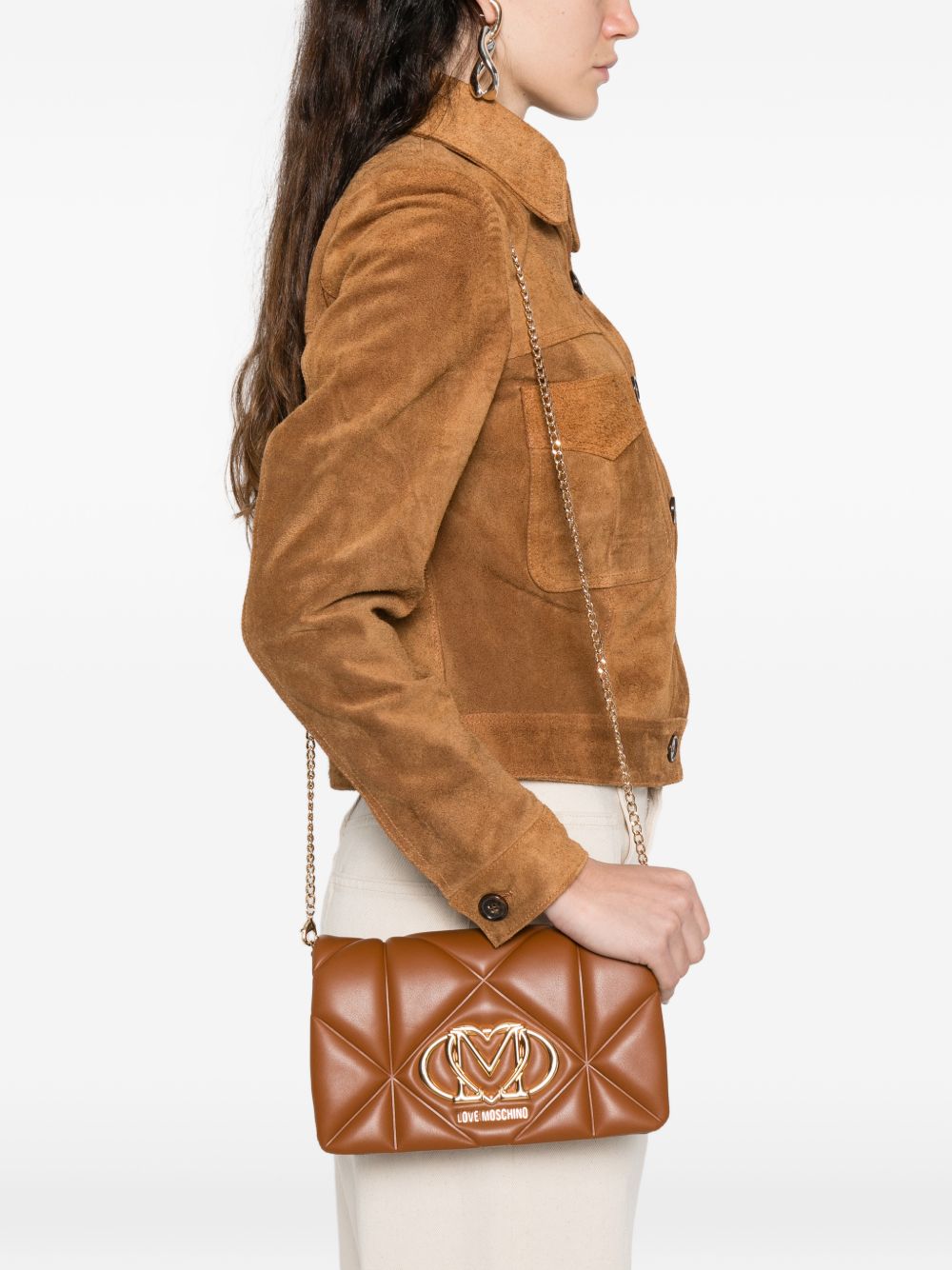 LOVE MOSCHINO Borsa marrone trapuntata con placca logo 