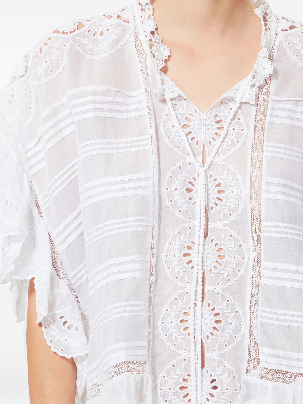 MARANT ETOILE Top Payton in stile caftano in cotone e pizzo floreale bianco 