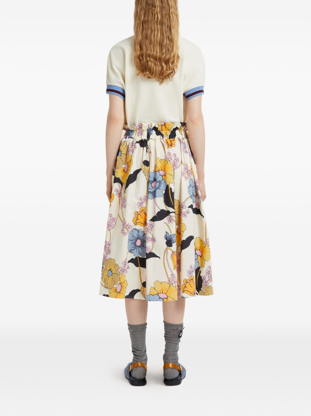 MARNI Gonna midi svasata rosa con stampa floreale 