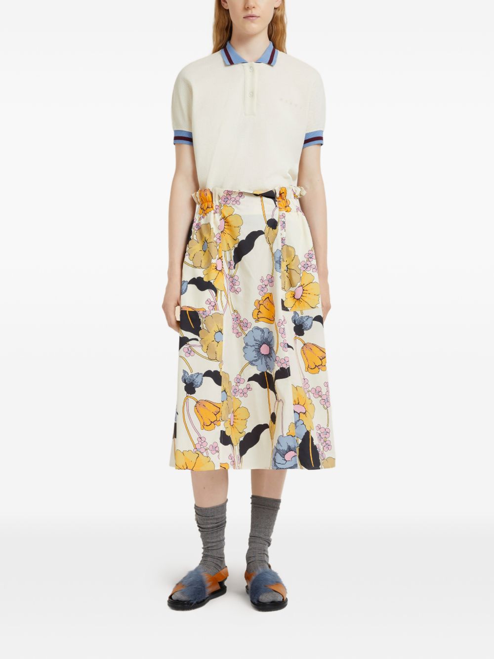 MARNI Gonna midi svasata rosa con stampa floreale 
