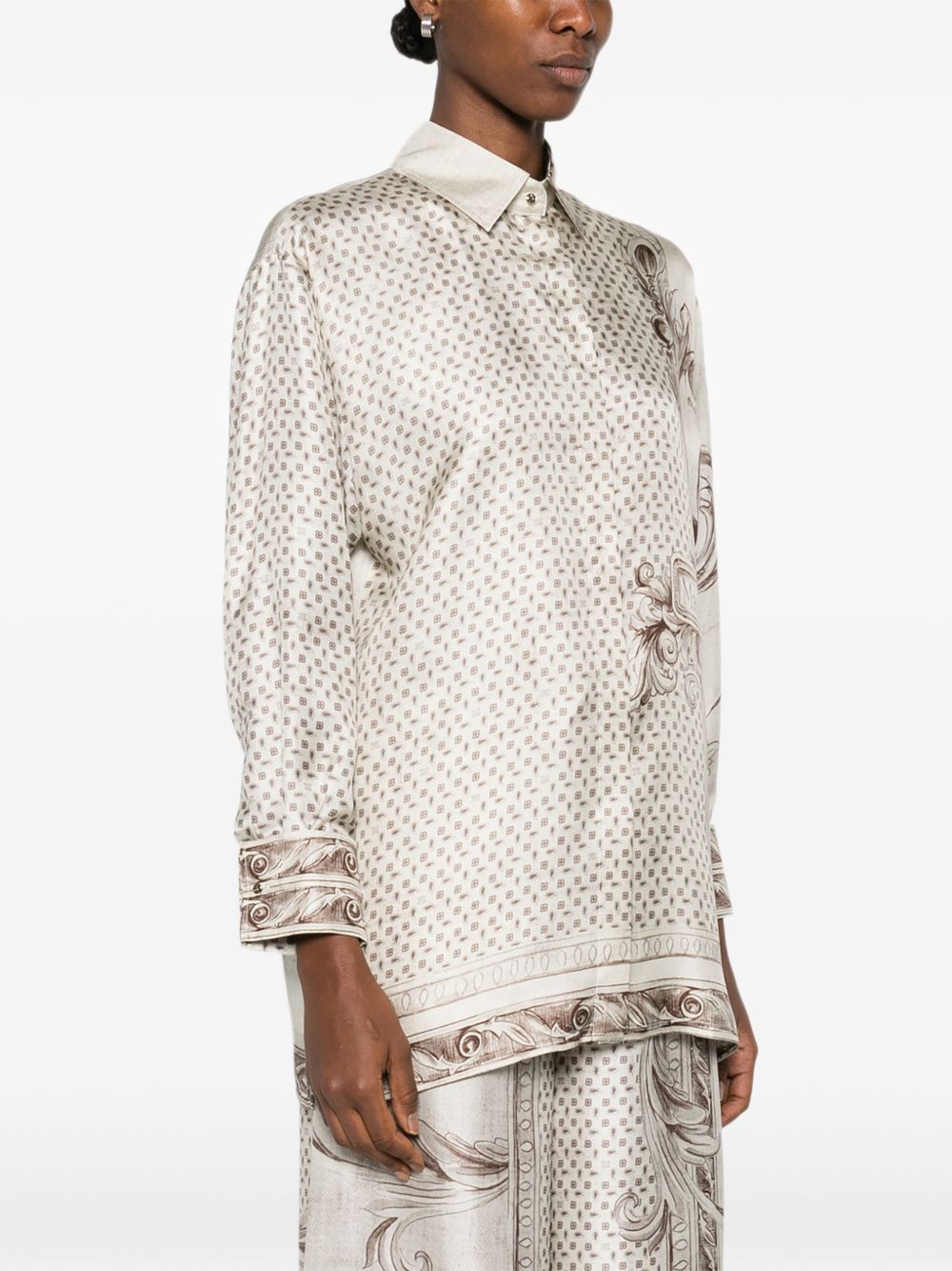 MAX MARA Camicia di seta avorio con grafica barocca marrone 