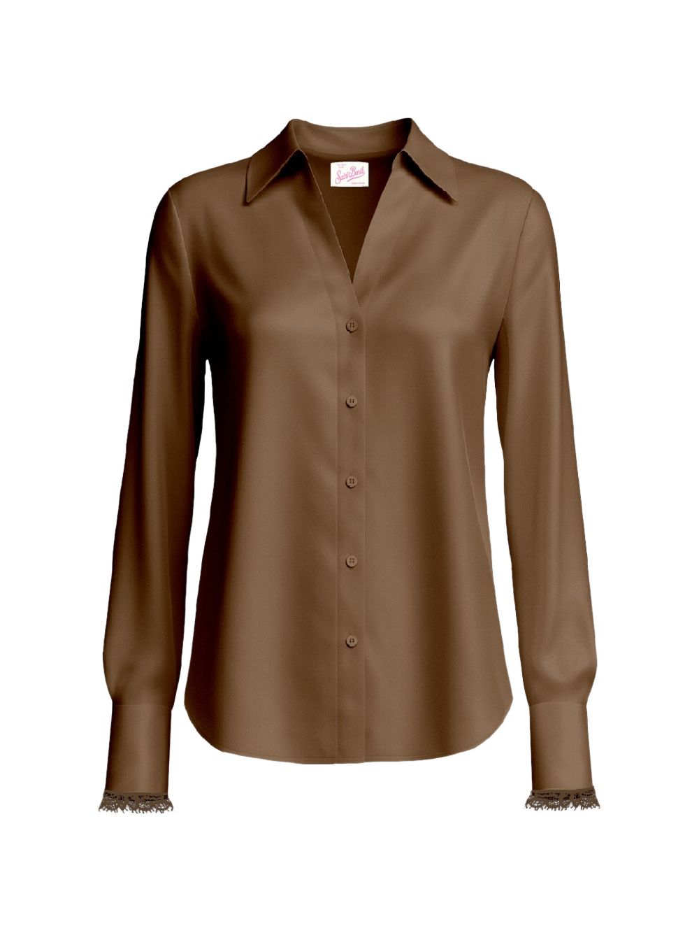 MC2 SAINT BARTH Camicia marrone in seta con dettagli in pizzo 