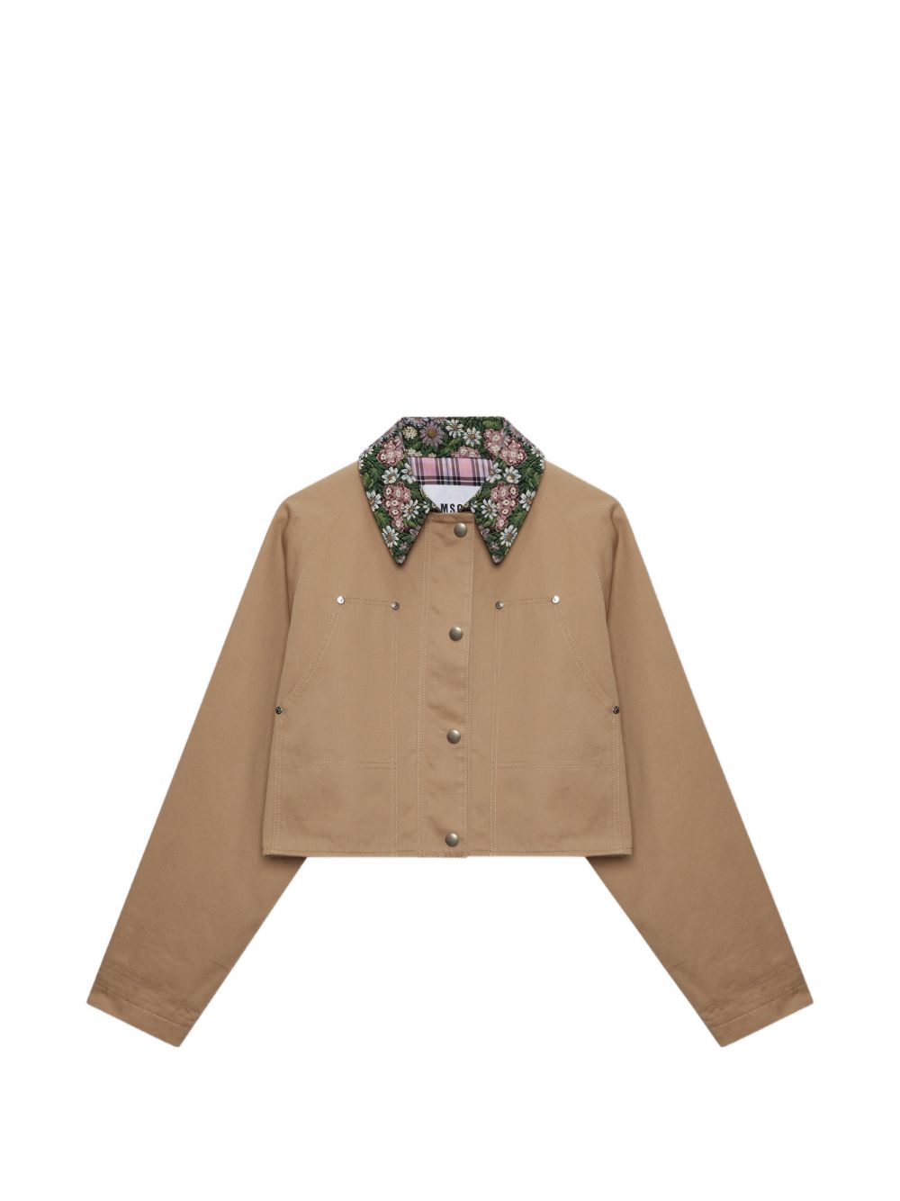 MSGM Giacca cropped in cotone marrone con dettagli floreali 