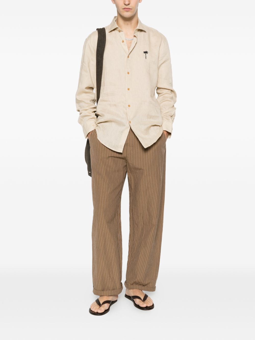 PALM ANGELS Camicia in lino beige con logo 