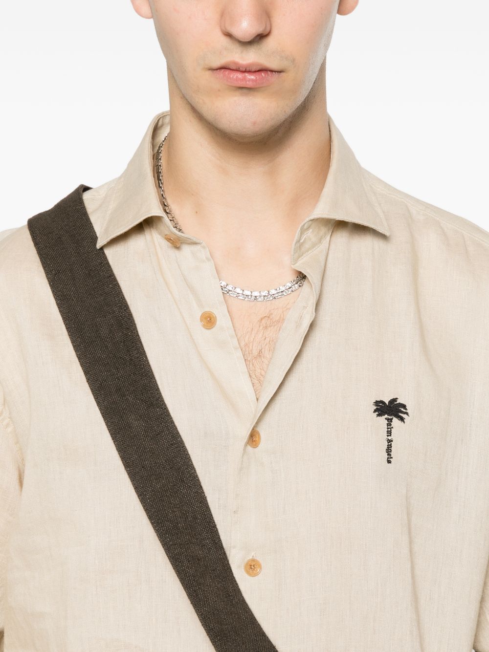 PALM ANGELS Camicia in lino beige con logo 