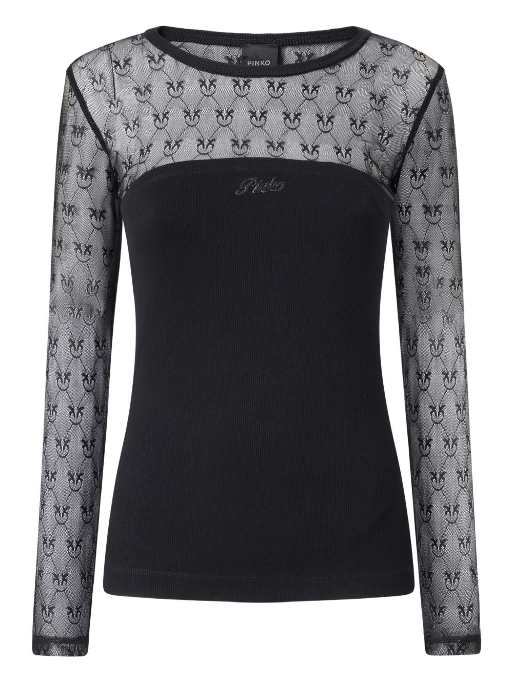 PINKO T-shirt Violinista in cotone nero con inserti semitrasparenti 