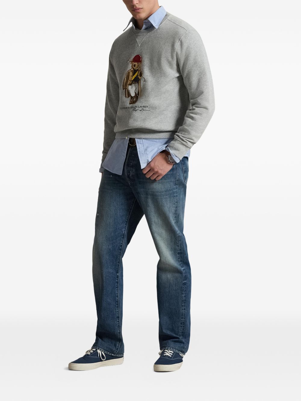 POLO RALPH LAUREN Felpa grigia girocollo con stampa Polo Bear 