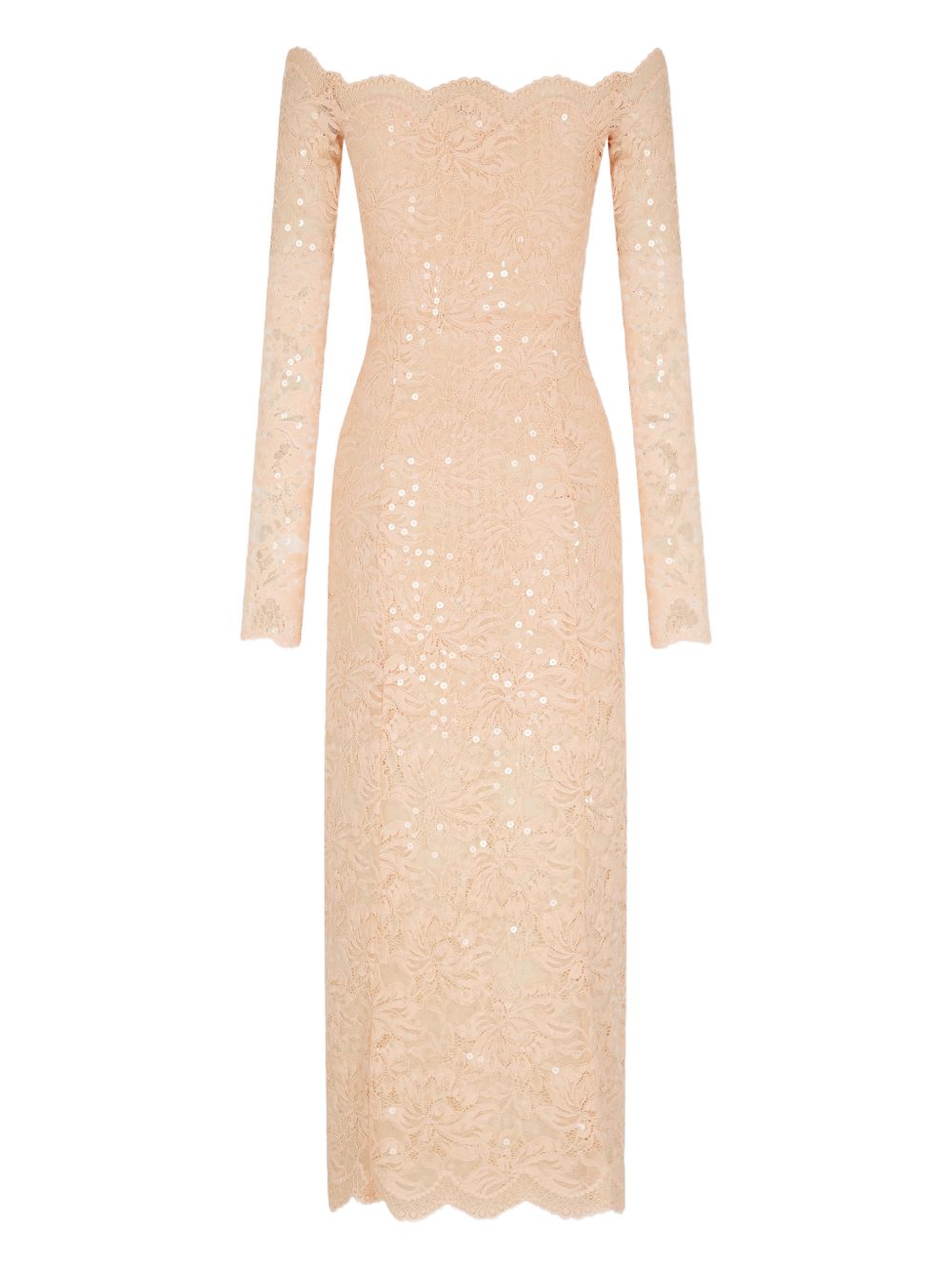 RABANNE Abito midi in pizzo rosa con strass 