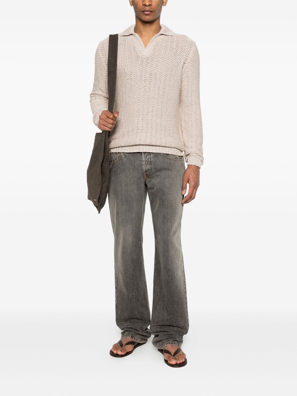 SCAGLIONE Maglia beige traforata con scollo a V 