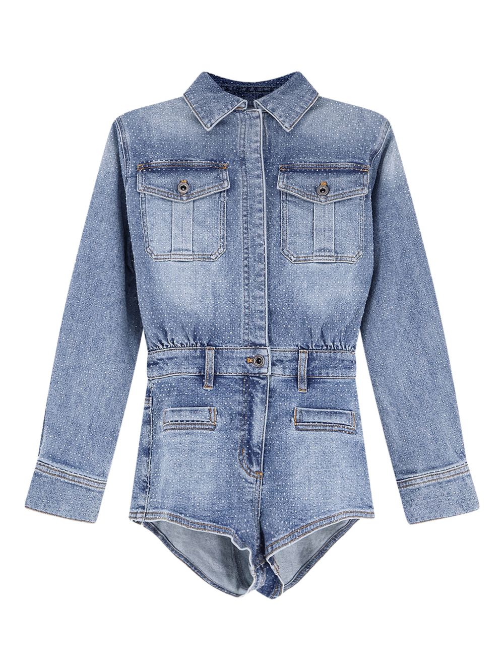 SELF PORTRAIT Tuta corta denim blu con strass 
