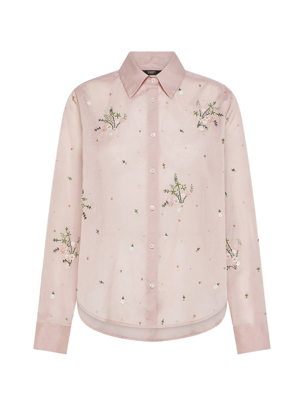 SEVENTY Camicia rosa con fiori ricamati e strass 