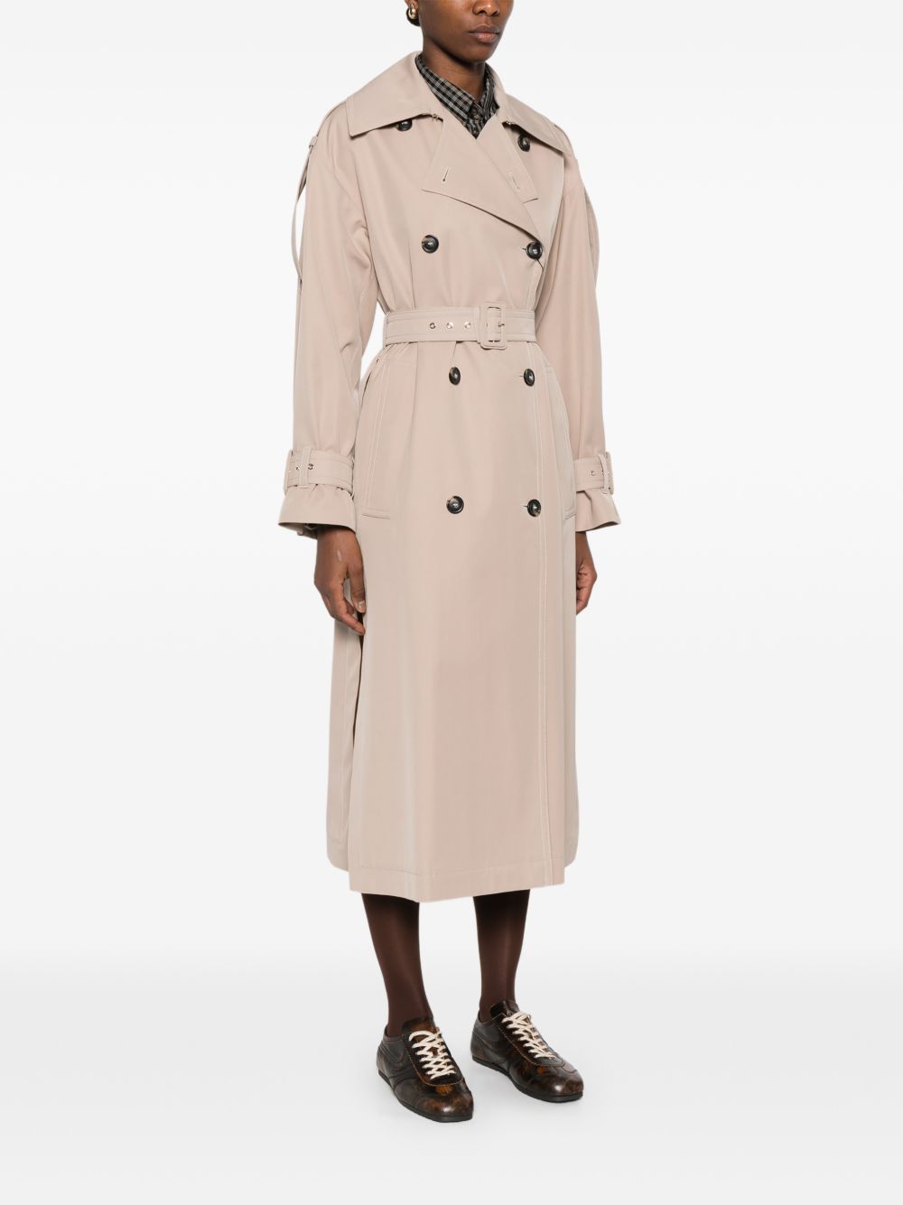 SPORTMAX Trench beige lungo a doppio petto con cintura in vita 