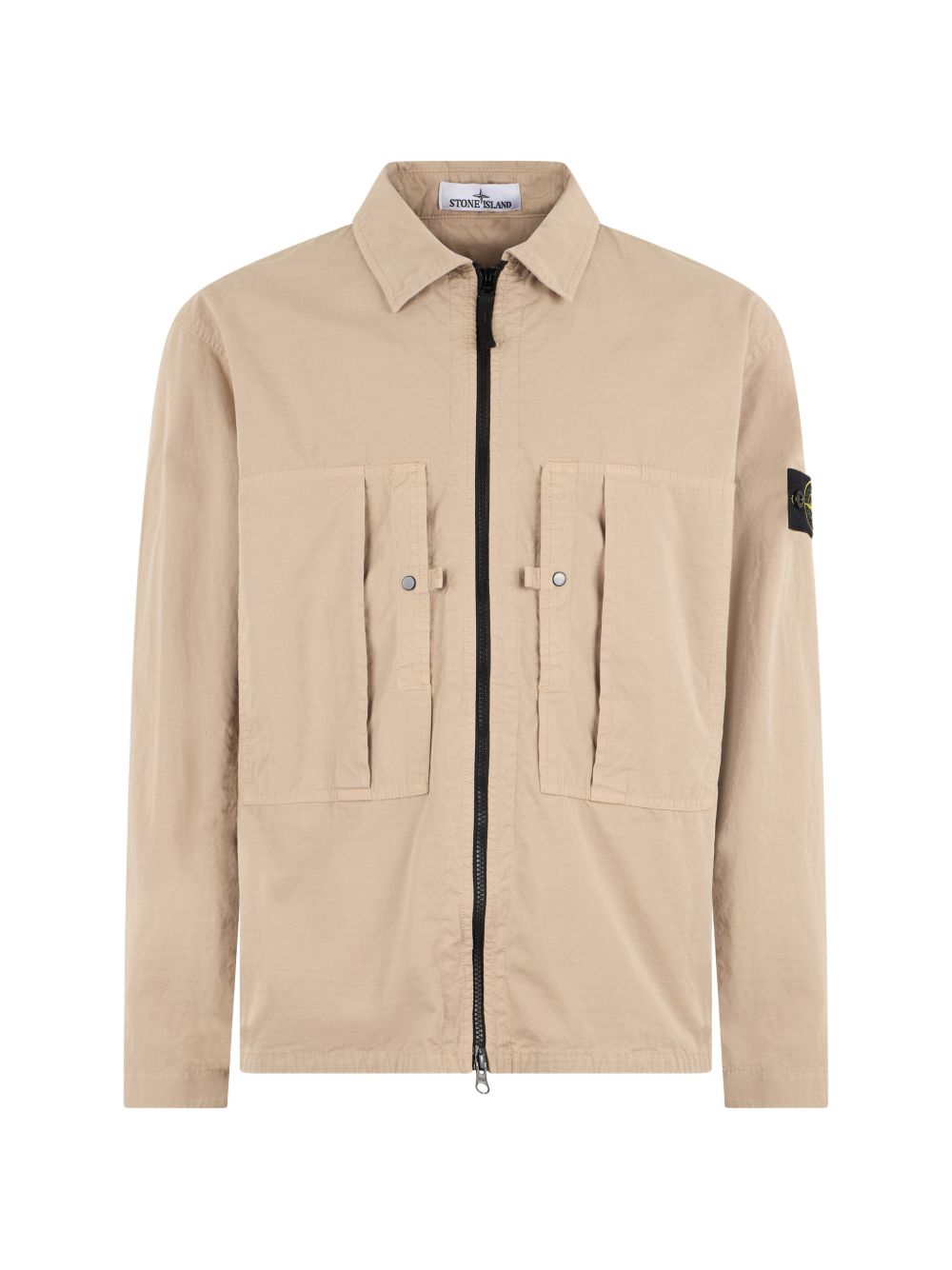 STONE ISLAND Camicia in cotone beige con zip e tasche 