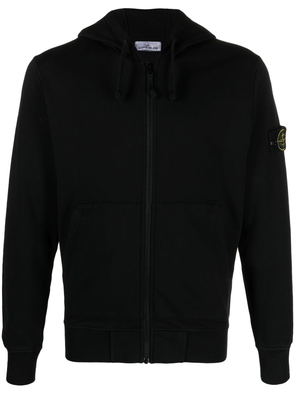 STONE ISLAND Felpa in cotone nero con cappuccio e zip 