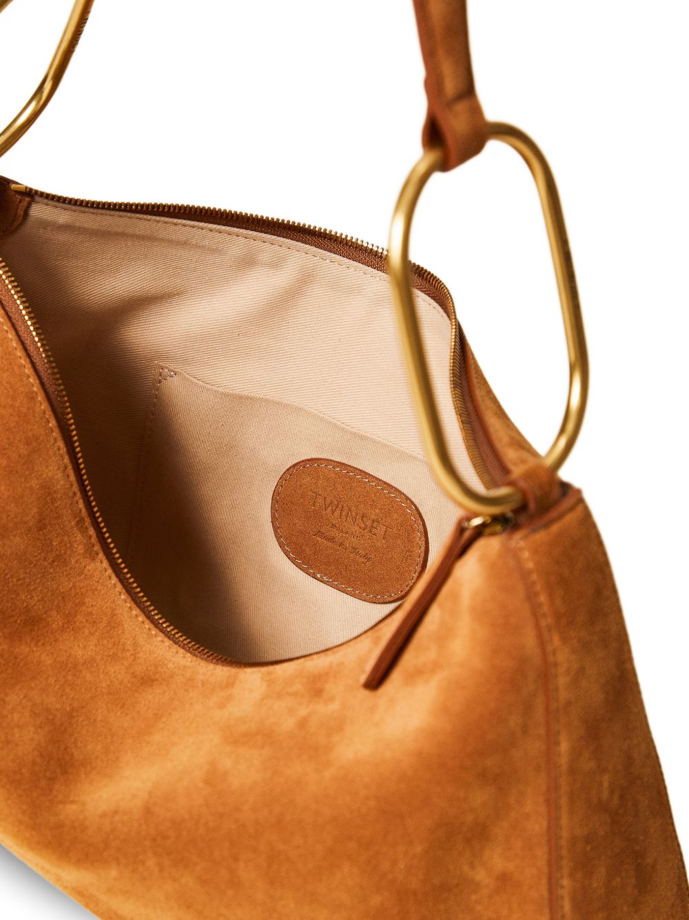 TWINSET Borsa in suede cammello con anelli dorati 