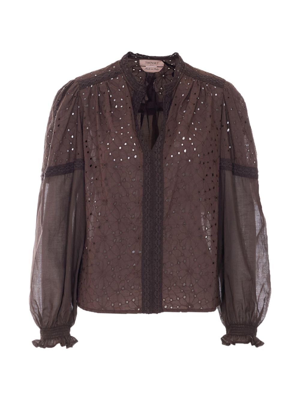 TWINSET Blusa in cotone marrone con scollo a V e pizzo sangallo 