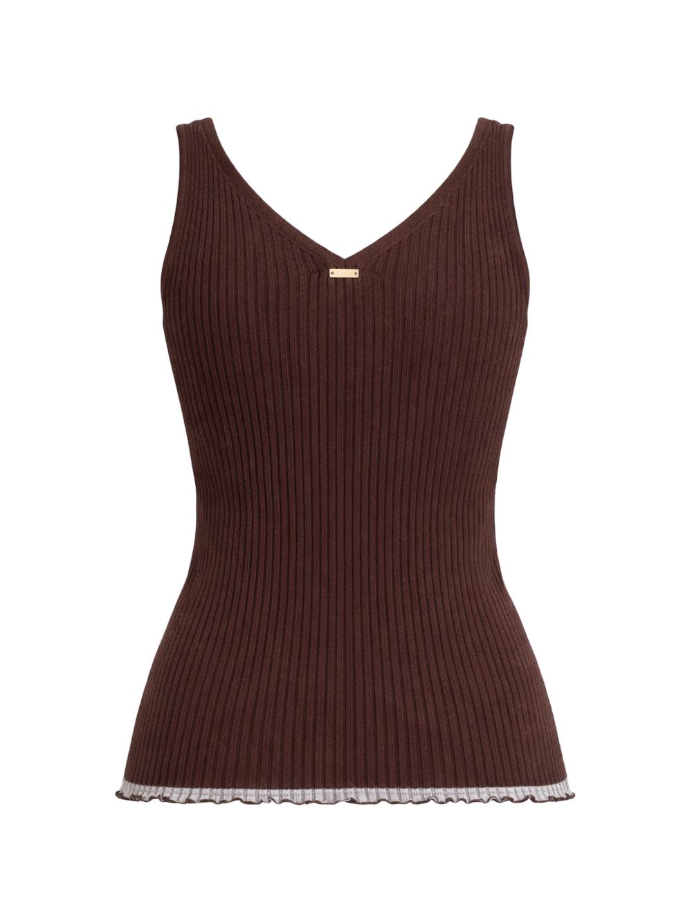 TWINSET Top a costine in cotone marrone con scollo a V 