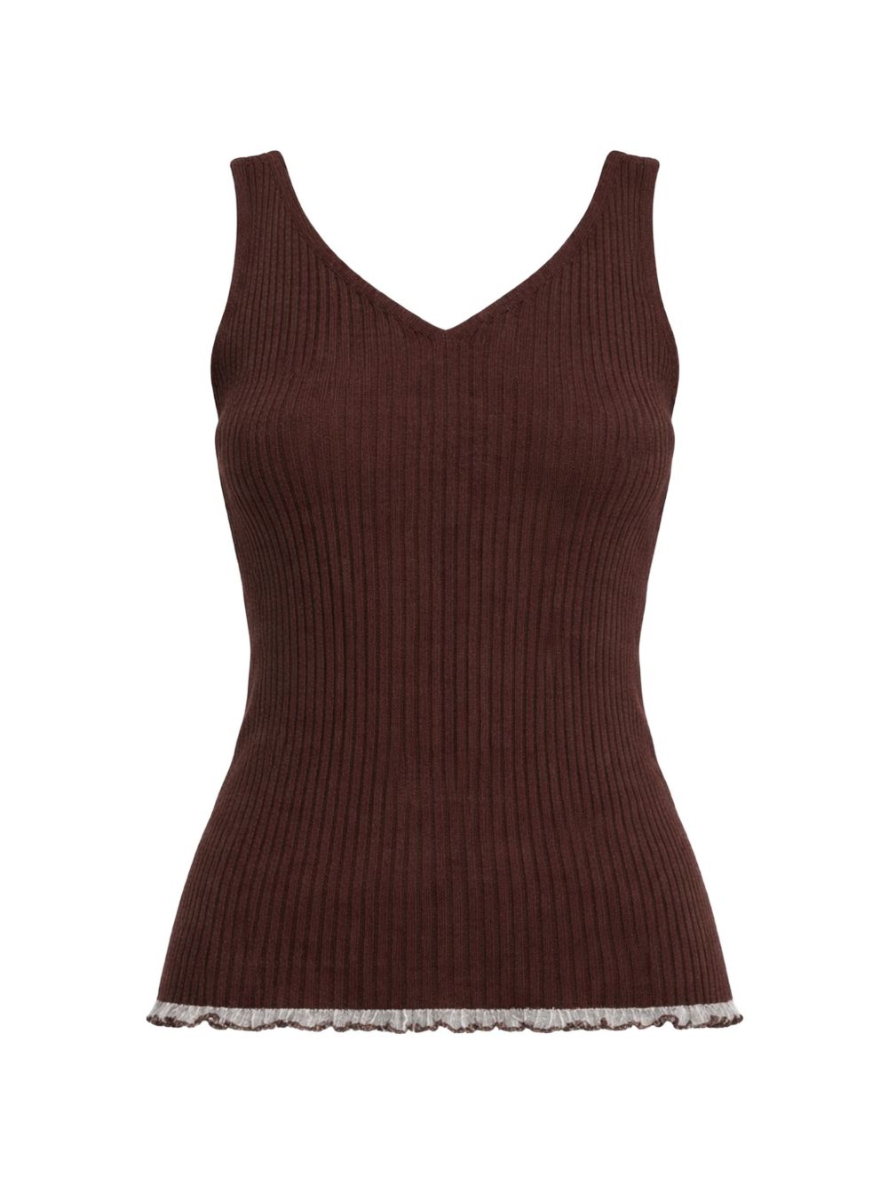 TWINSET Top a costine in cotone marrone con scollo a V 