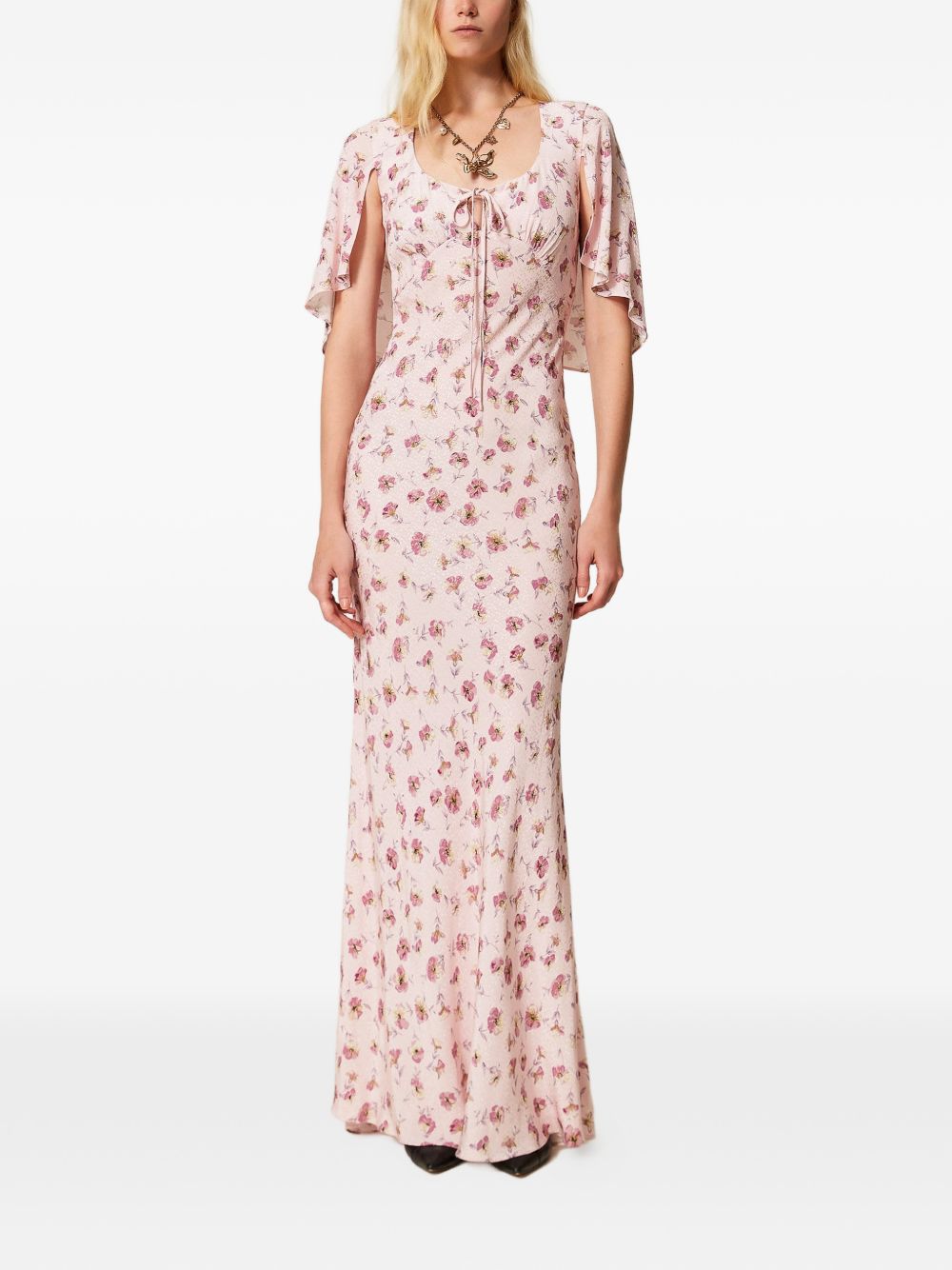 TWINSET Abito lungo panna a fiori rossi 