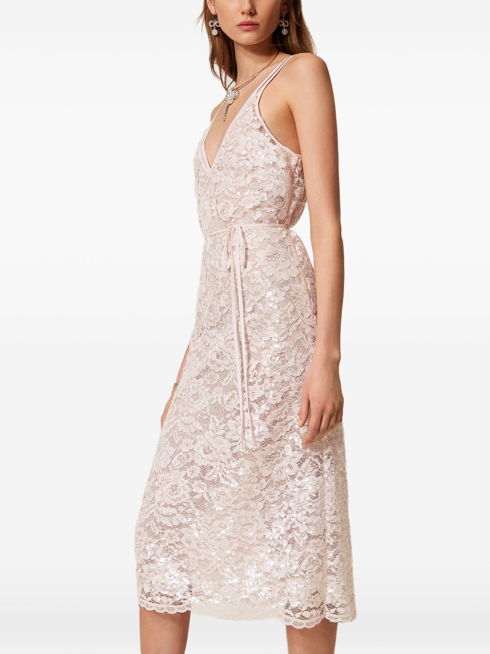 TWINSET Abito midi in pizzo rosa chiaro con paillettes 