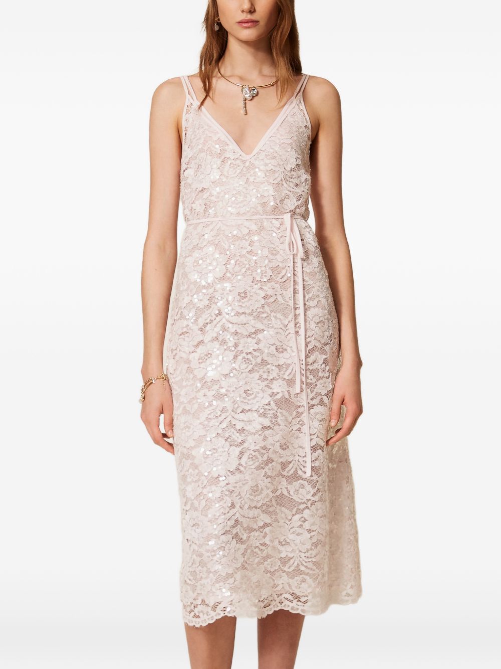 TWINSET Abito midi in pizzo rosa chiaro con paillettes 