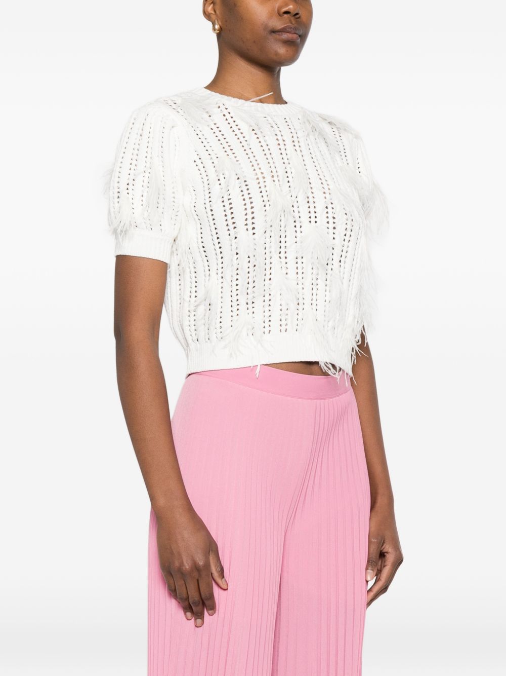 TWINSET Maglia traforata bianca con dettagli in piume 
