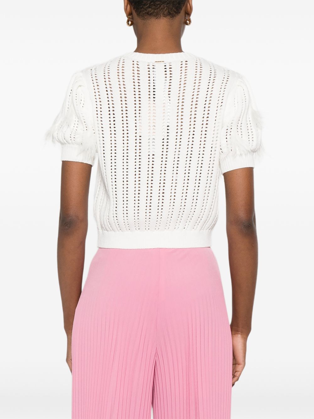 TWINSET Maglia traforata bianca con dettagli in piume 