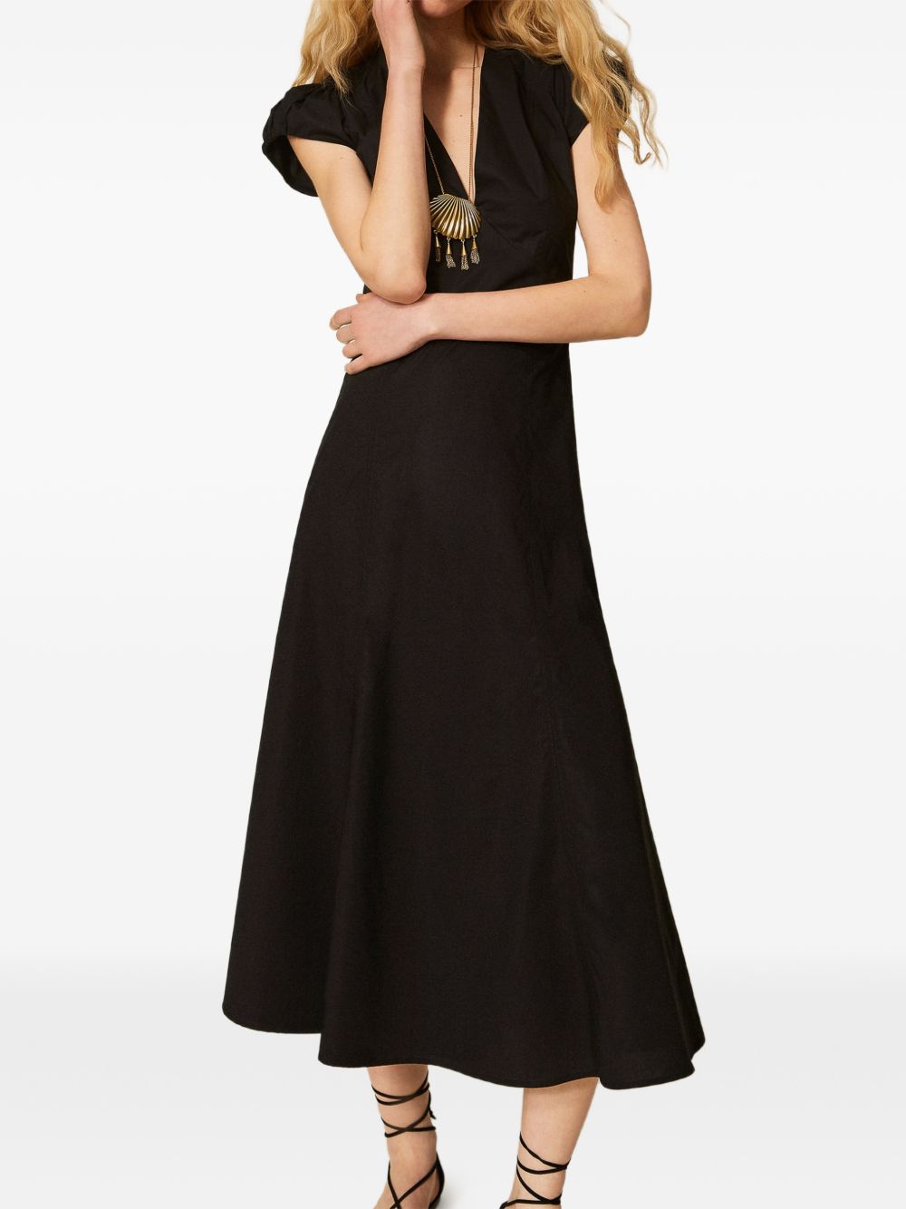 TWINSET Abito midi in cotone elasticizzato nero con scollo a V 