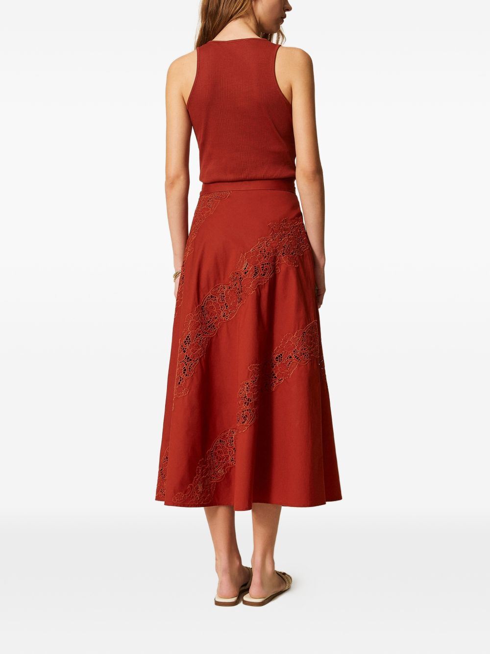 TWINSET Gonna midi in cotone marrone con pizzo floreale e cintura 