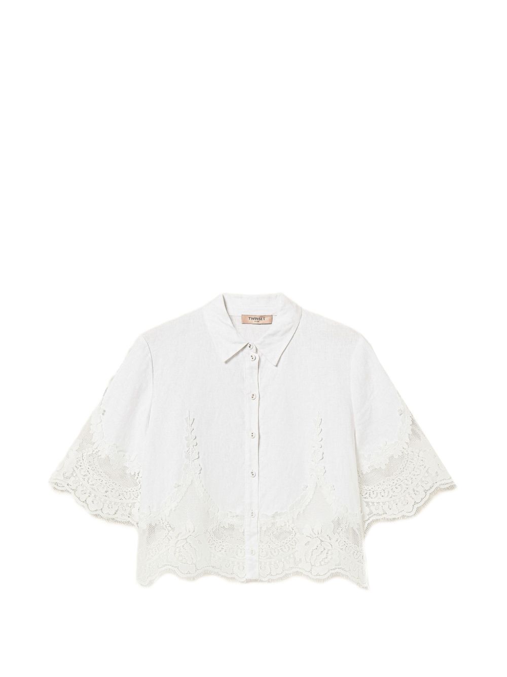 TWINSET Camicia crop in lino bianco con dettagli in pizzo 