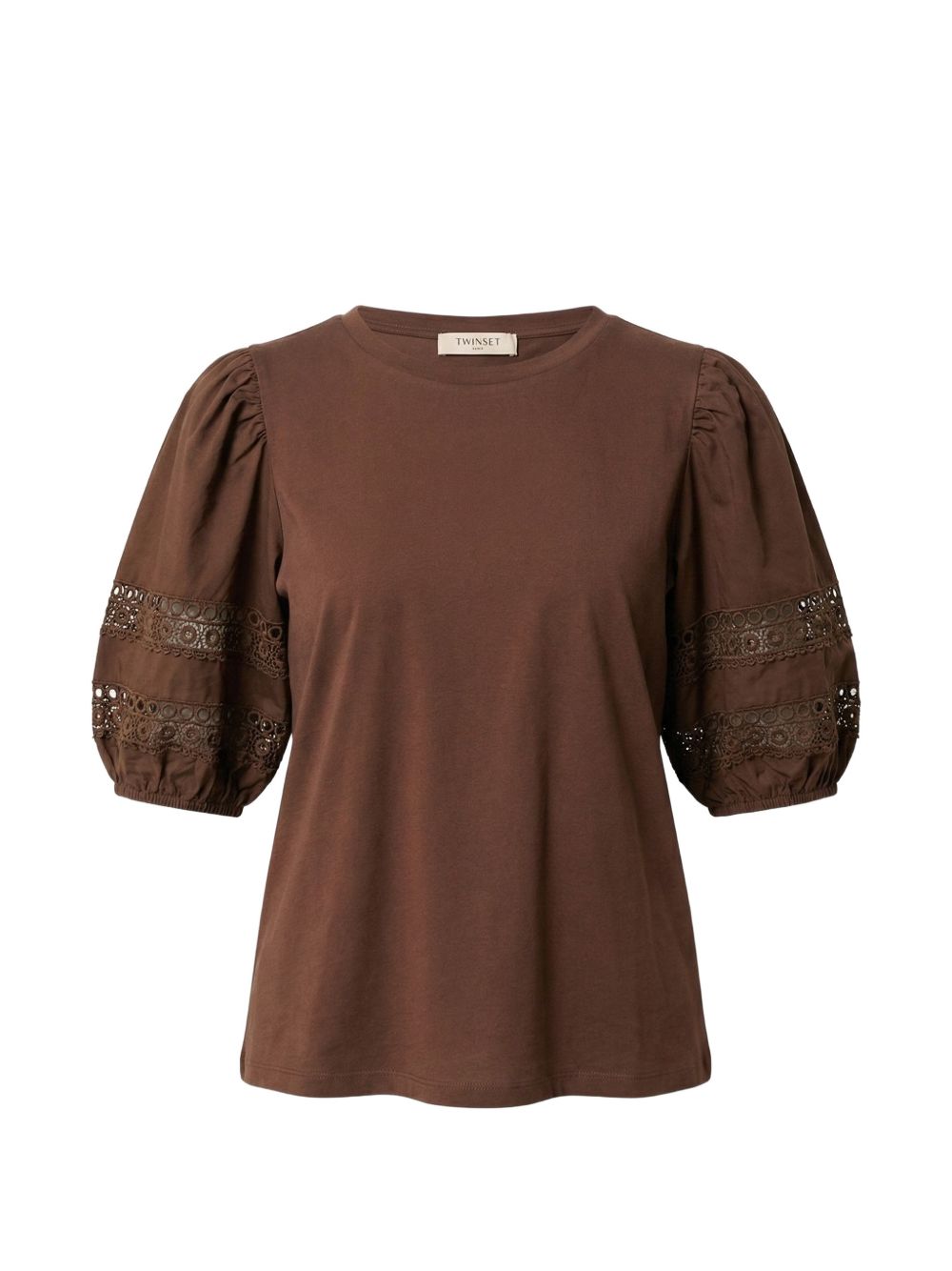 TWINSET T-shirt in cotone marrone con pizzo floreale 