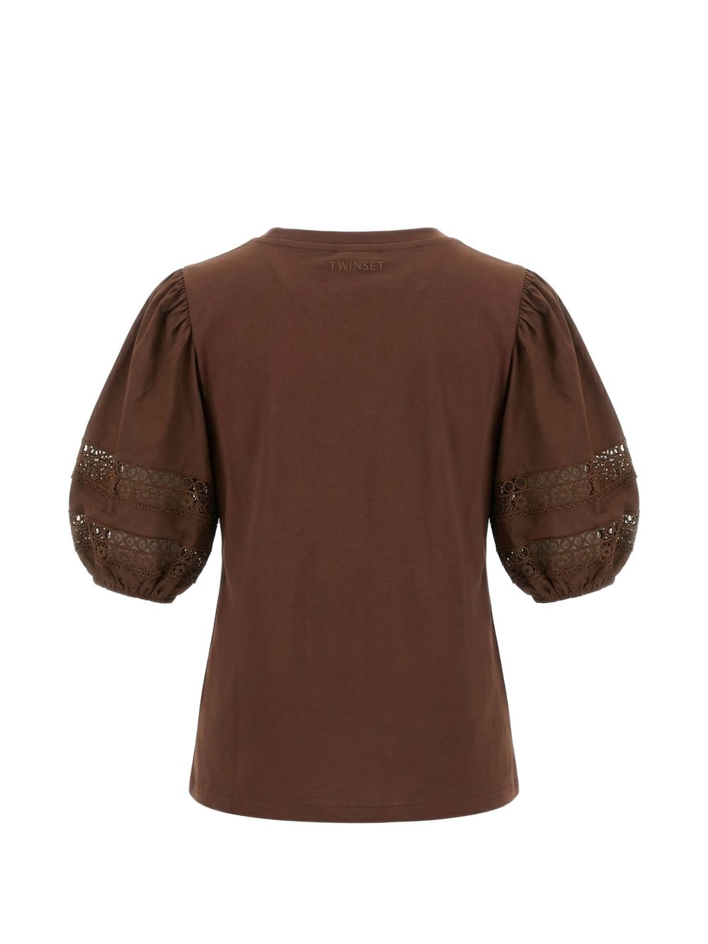 TWINSET T-shirt in cotone marrone con pizzo floreale 