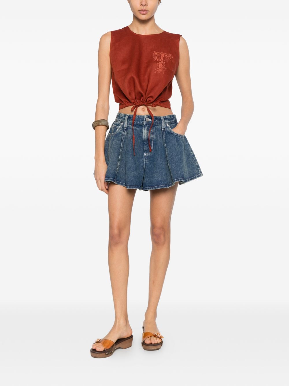 TWINSET Top corto in lino marrone con laccio 