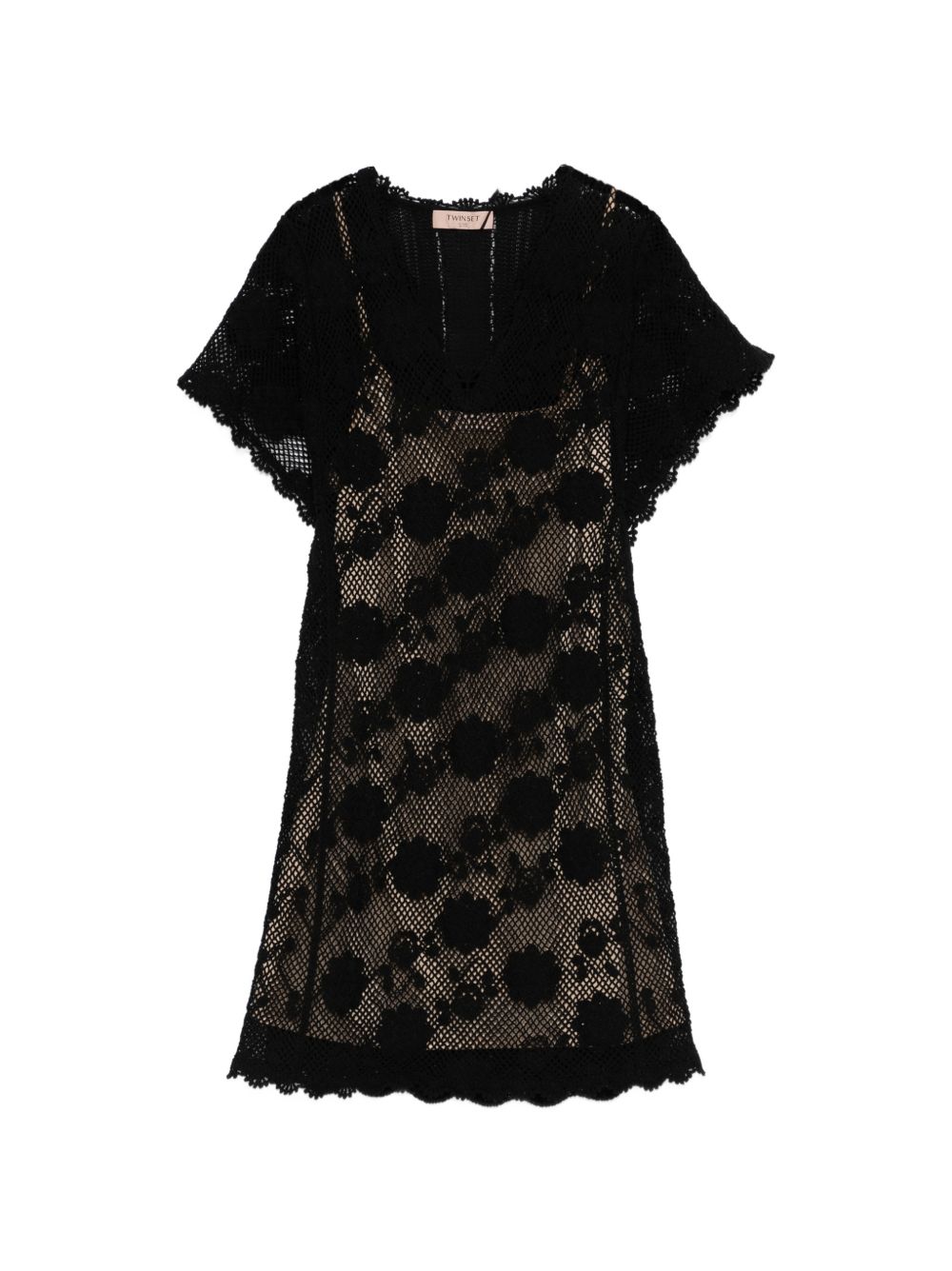 TWINSET Abito corto nero in pizzo con sottoveste 