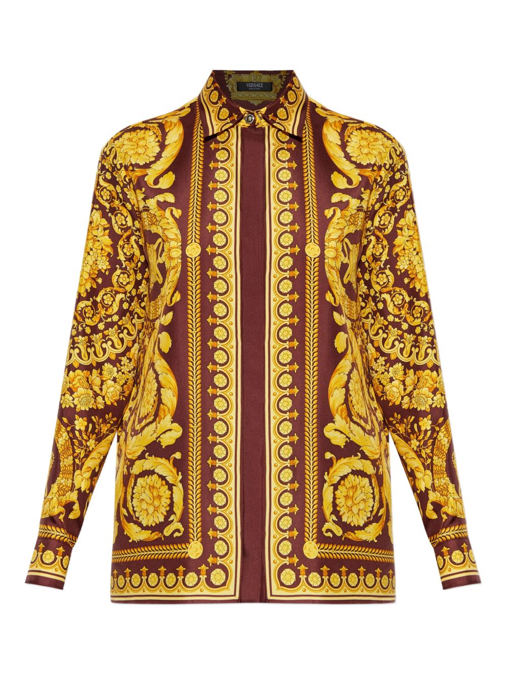 VERSACE Camicia marrone e gialla in seta con stampa 