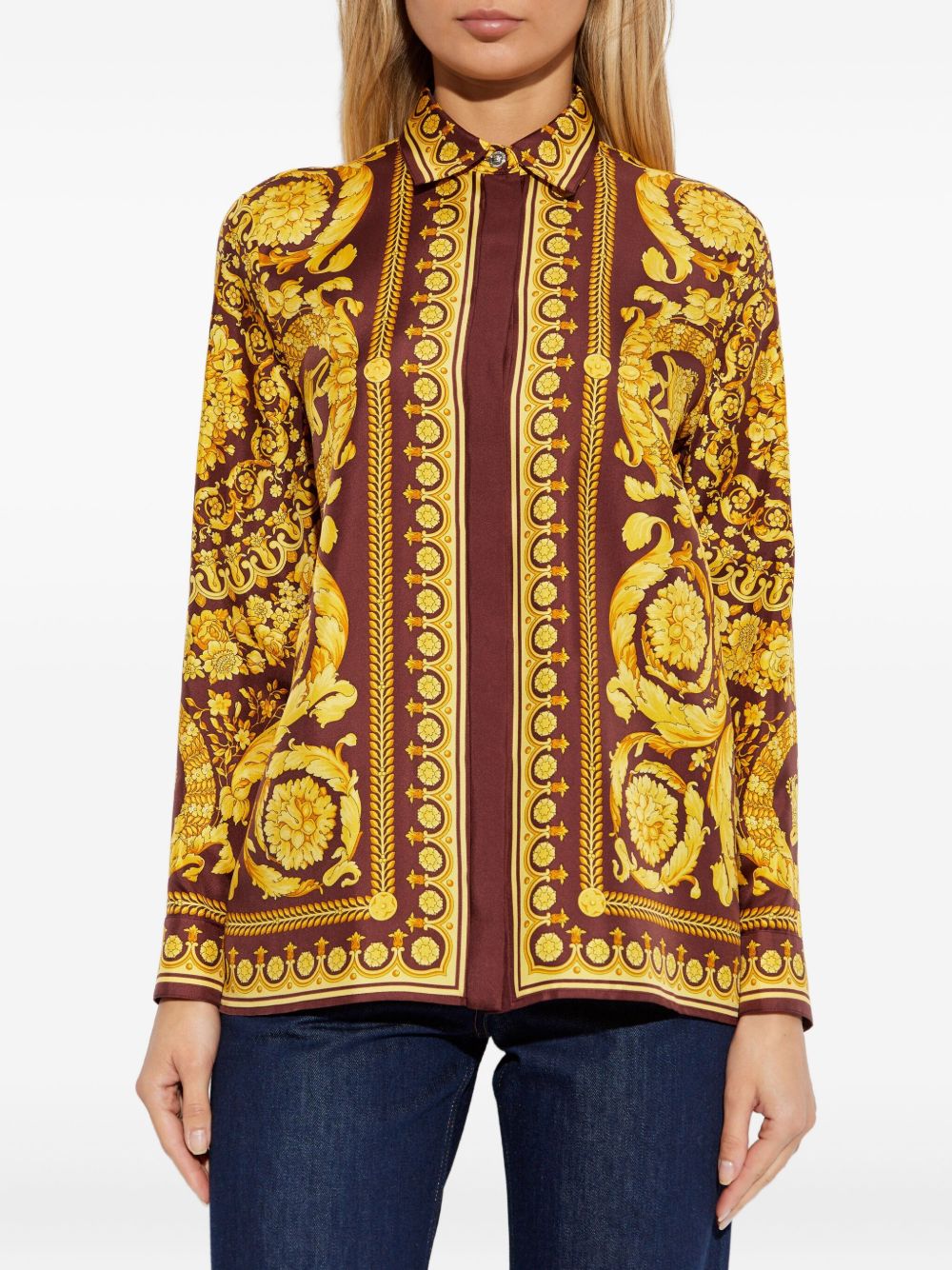 VERSACE Camicia marrone e gialla in seta con stampa 