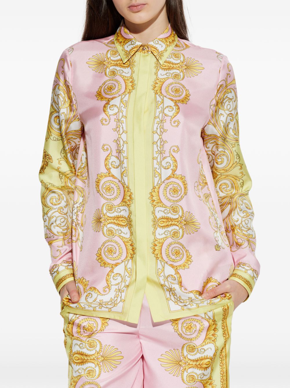 VERSACE Camicia in seta rosa chiaro e gialla 