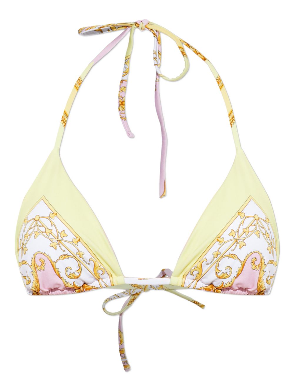 VERSACE Top bikini a triangolo giallo e rosa con stampa Spring Barocco 