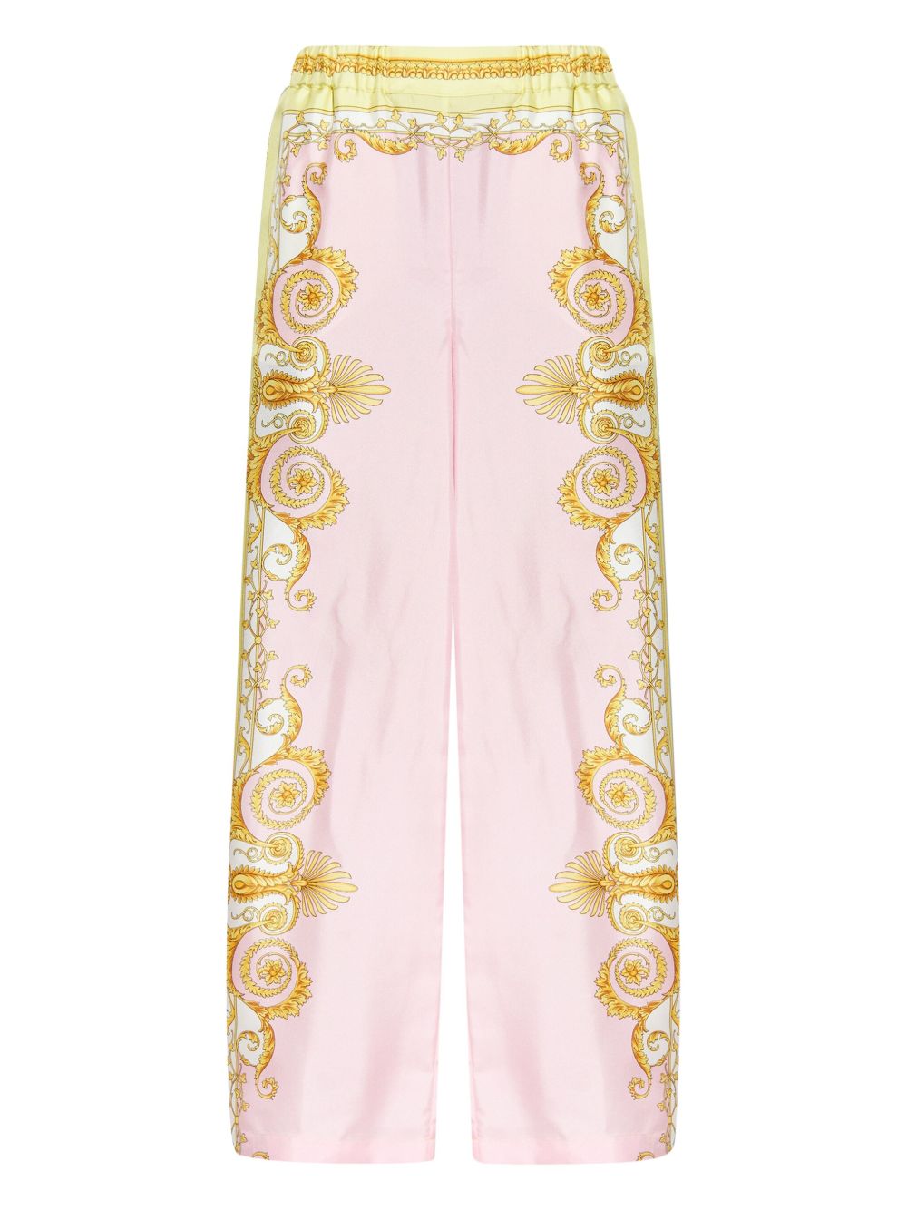VERSACE Pantaloni in seta con stampa barocca rosa e oro 
