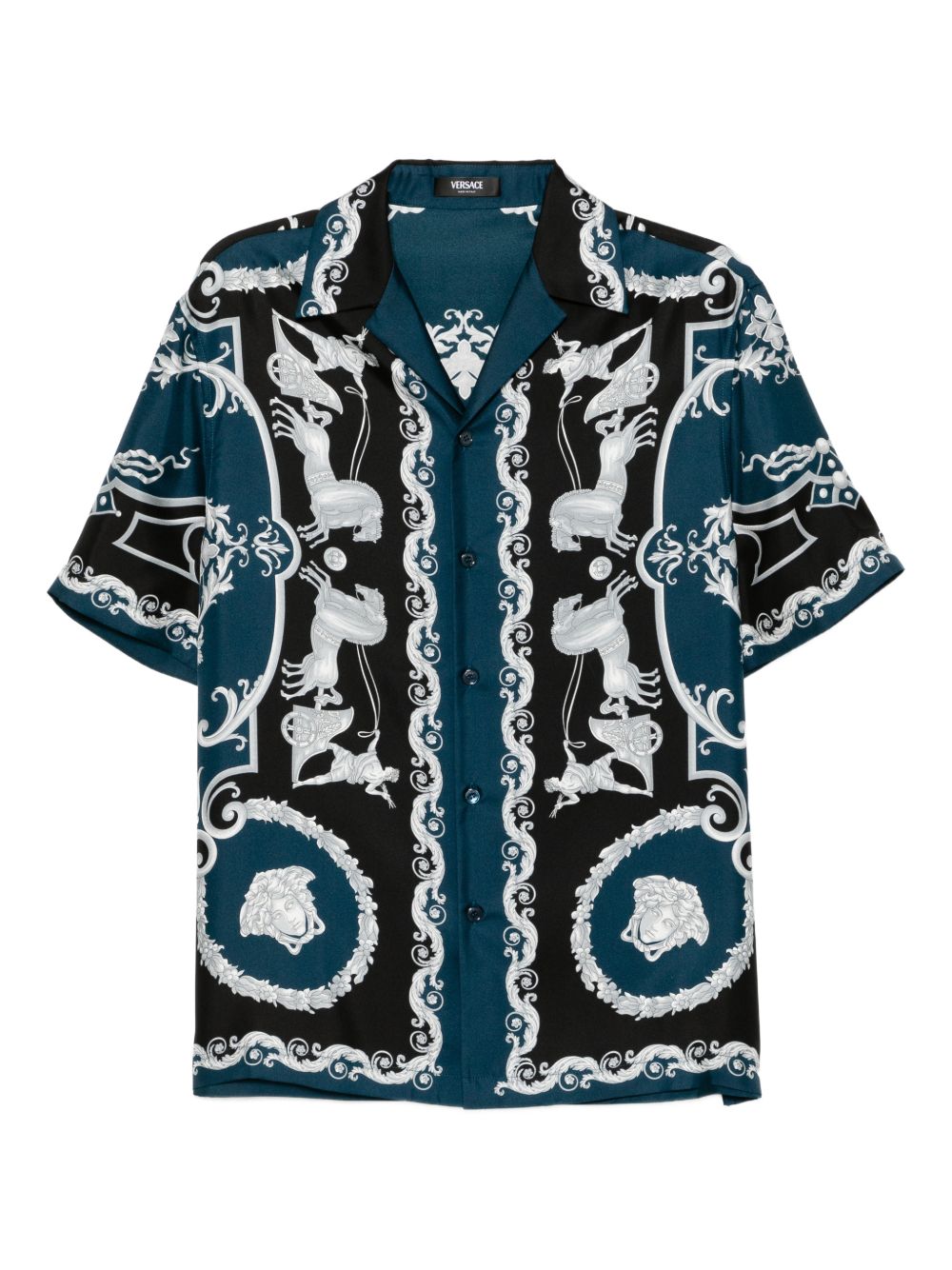 VERSACE Camicia in seta blu con stampa 