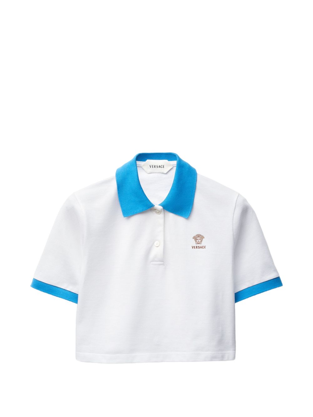 VERSACE Polo in cotone bianco crop con dettagli azzurri a contrasto 